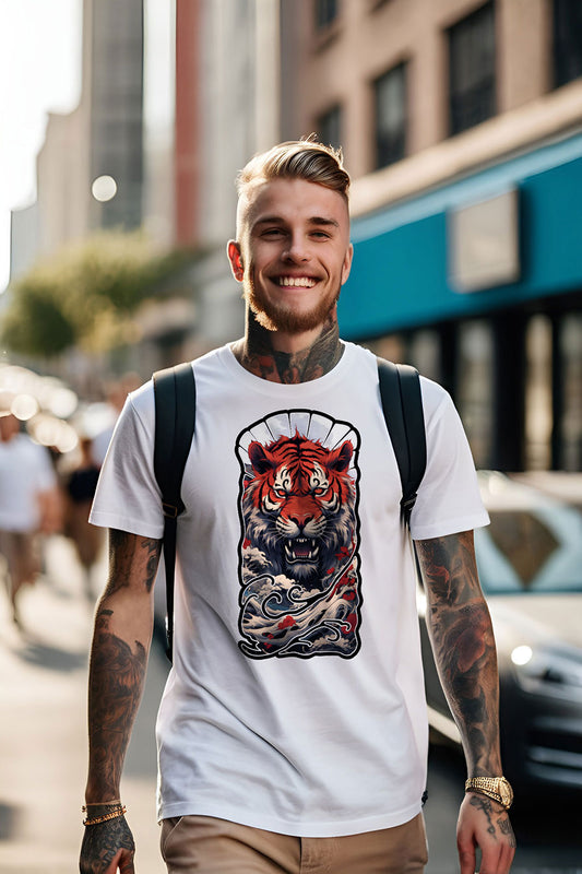 young tattooed man wearing a white t-shirt featuring a Tiger design print
