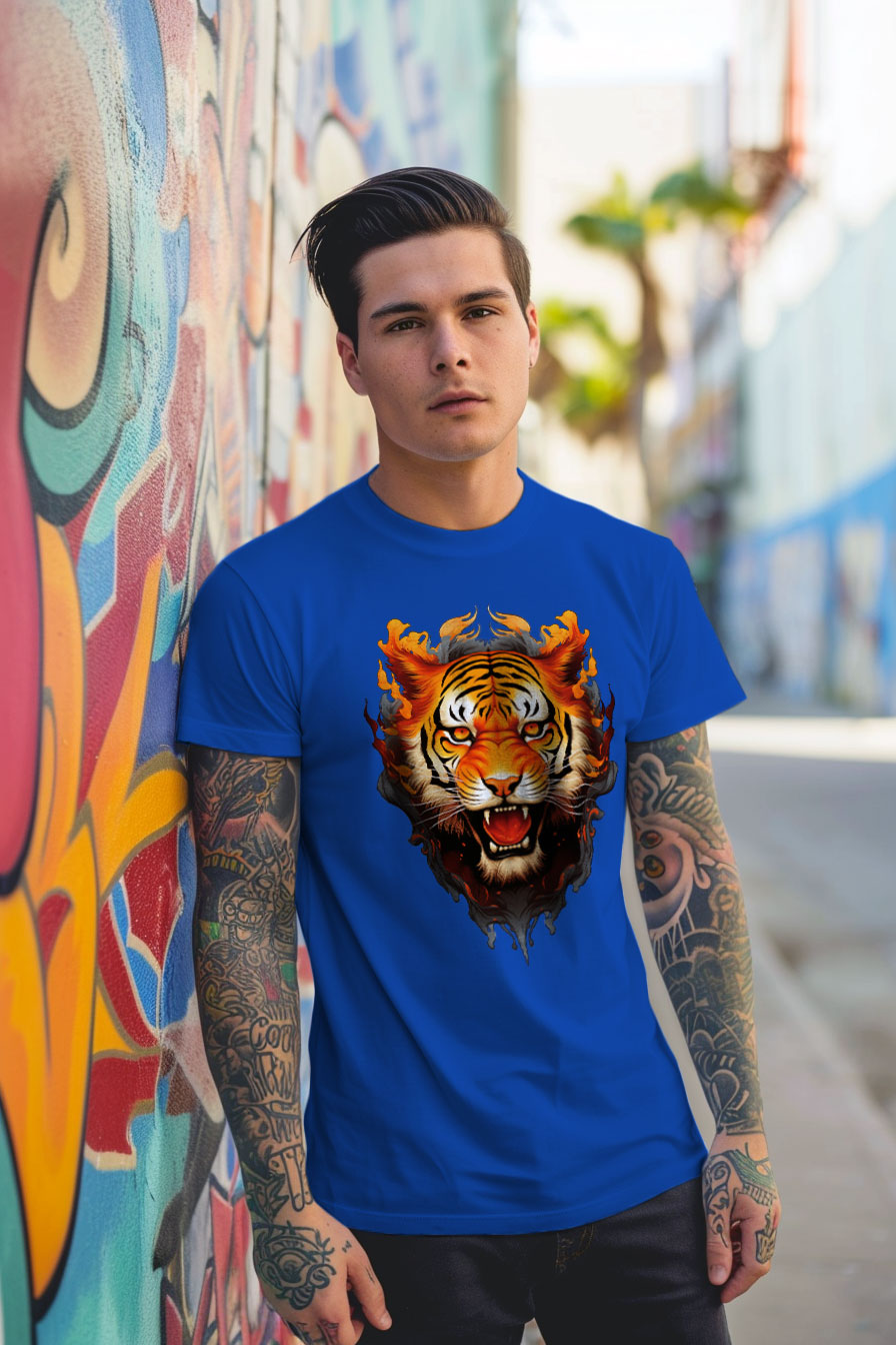 young tattooed man wearing a blue graphic t-shirt featuring a Tiger print