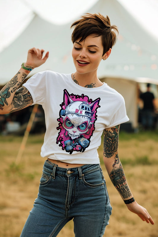 young tattooed woman wearing a white graphic t-shirt featuring a cat print