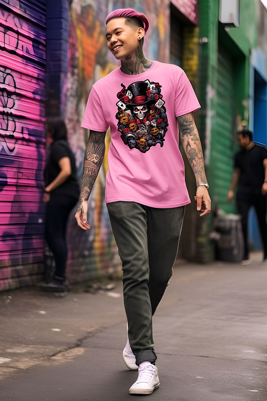 young tattooed man wearing a Azalea-pink graphic t-shirt featuring a skull with a hat print