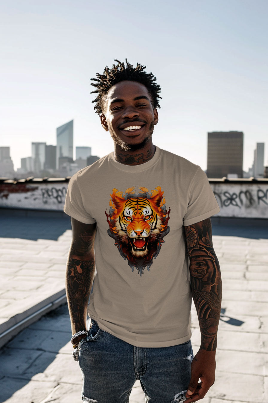 young tattooed man wearing a san colored graphic t-shirt featuring a Tiger print