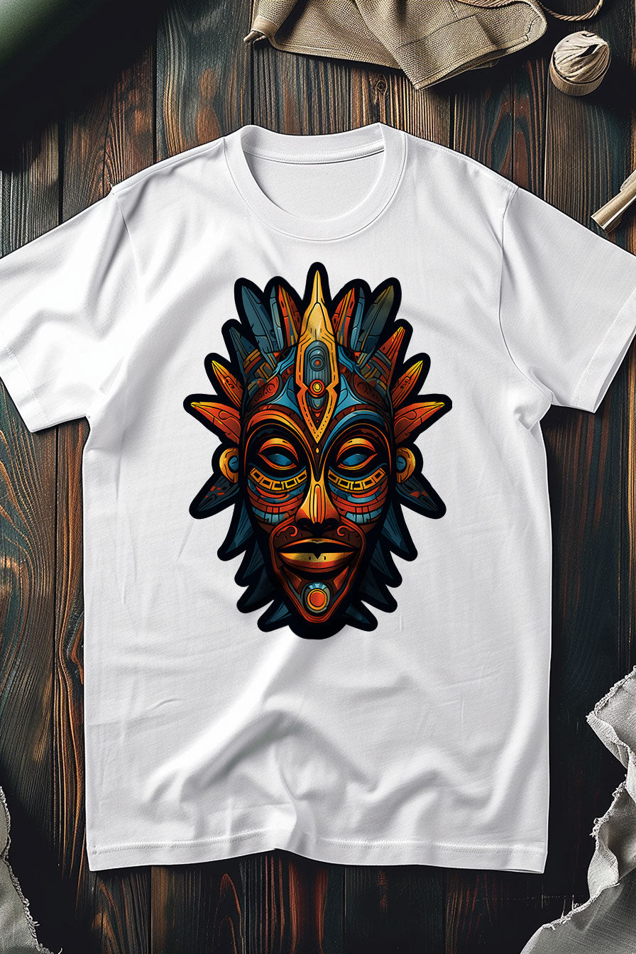 white graphic t-shirt with a print featuring a Aztec mask