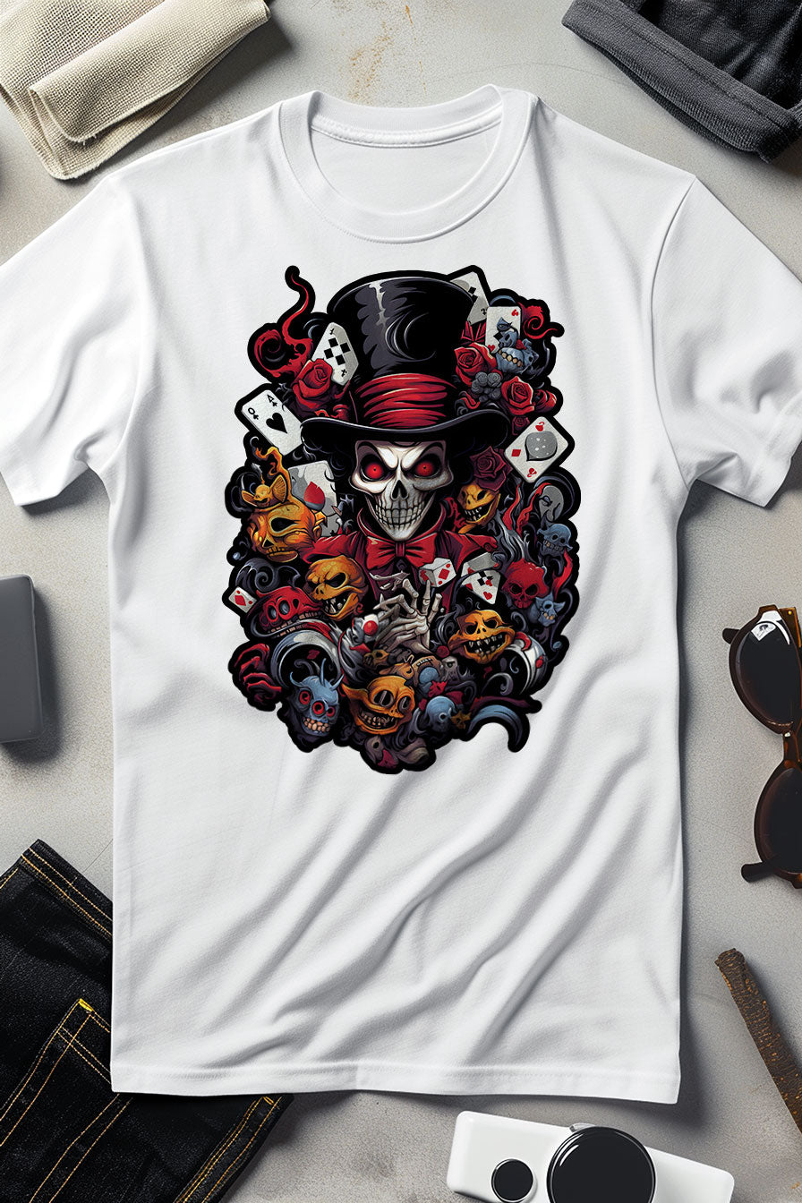 white graphic t-shirt with a print featuring a skull with a hat