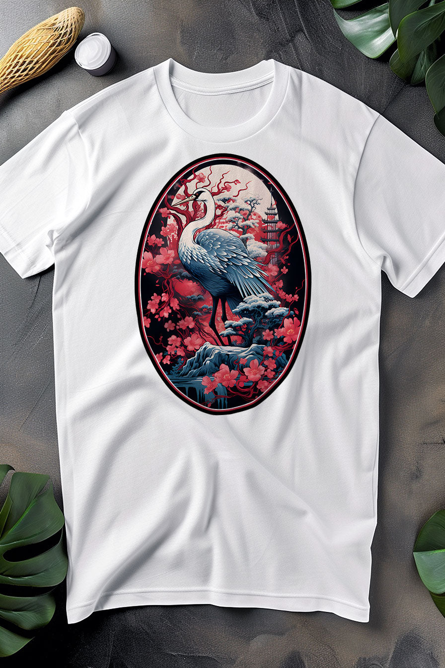 white graphic t-shirt with a print featuring a Crane with cherry blossom trees