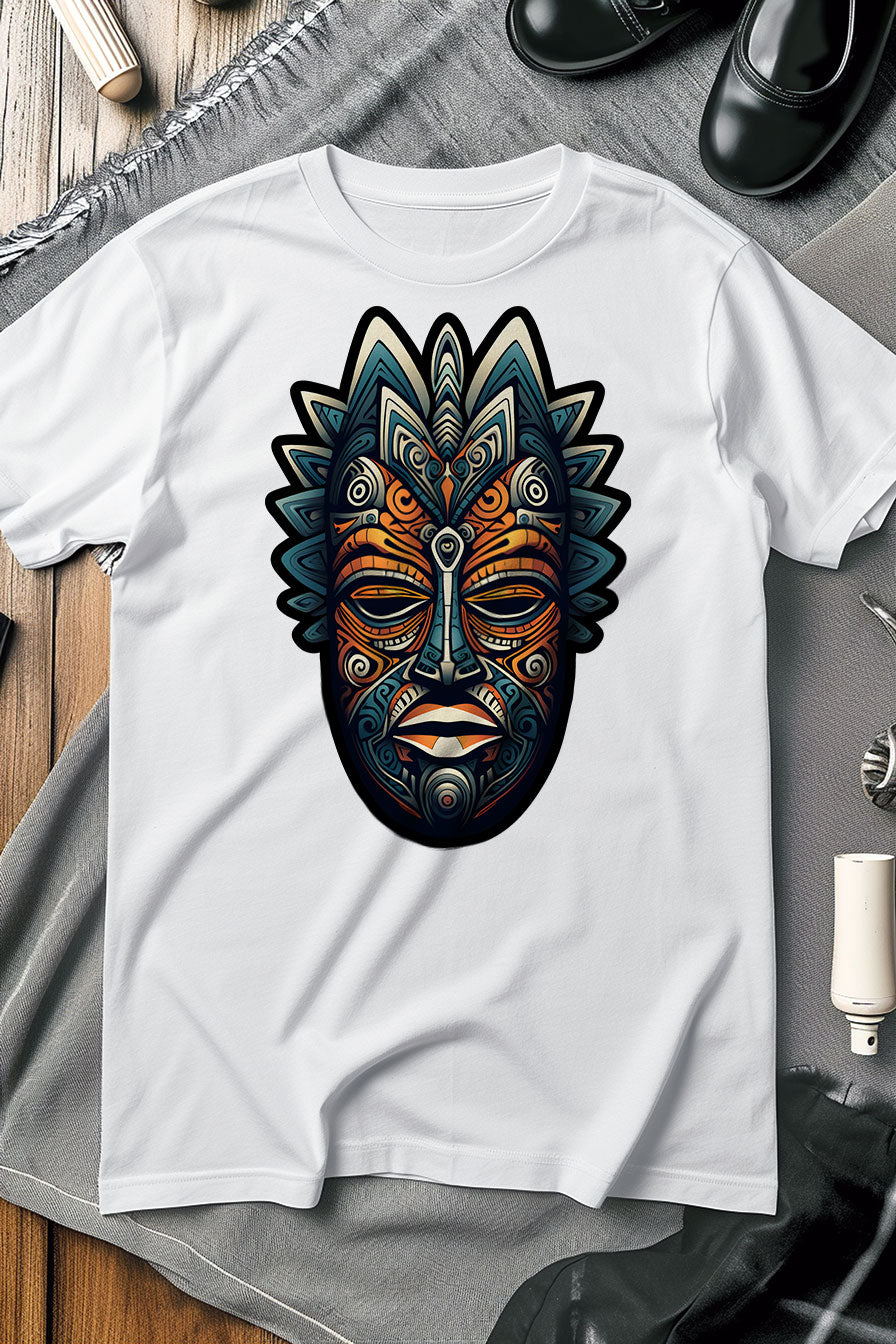 white graphic t-shirt with a print featuring an African mask