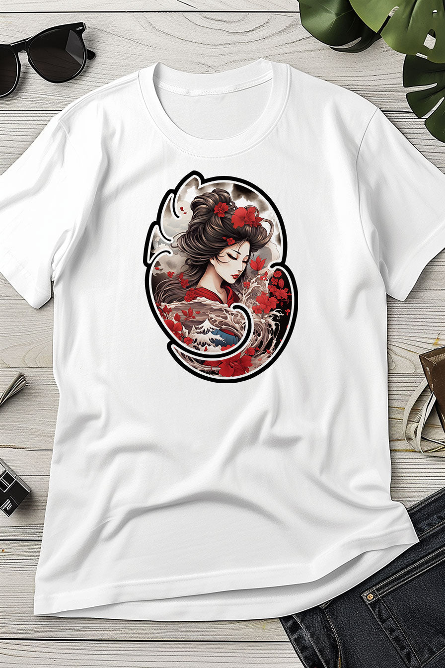 white graphic t-shirt with a print featuring a Gisha