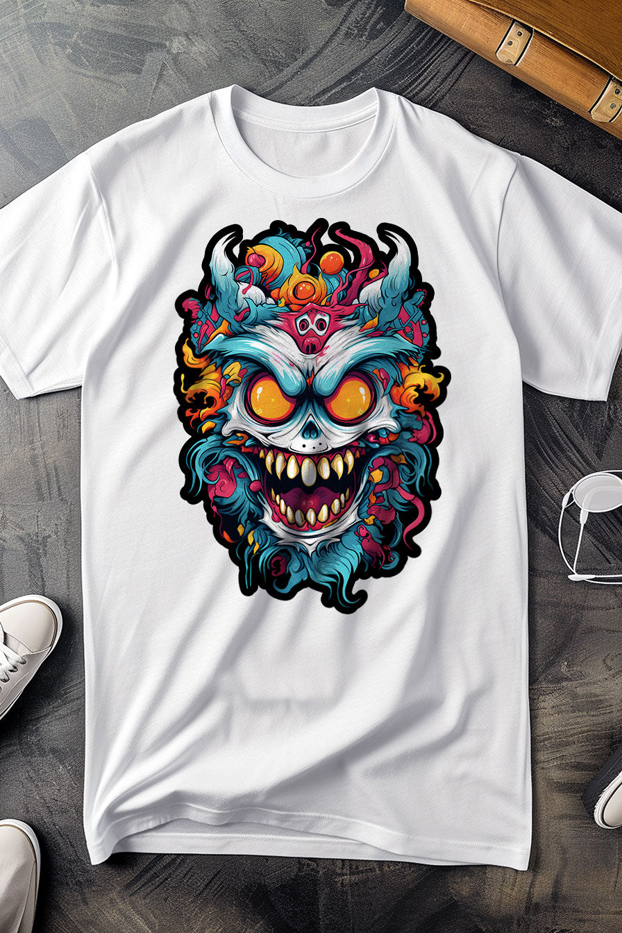 white graphic t-shirt with a print featuring a colorful creature