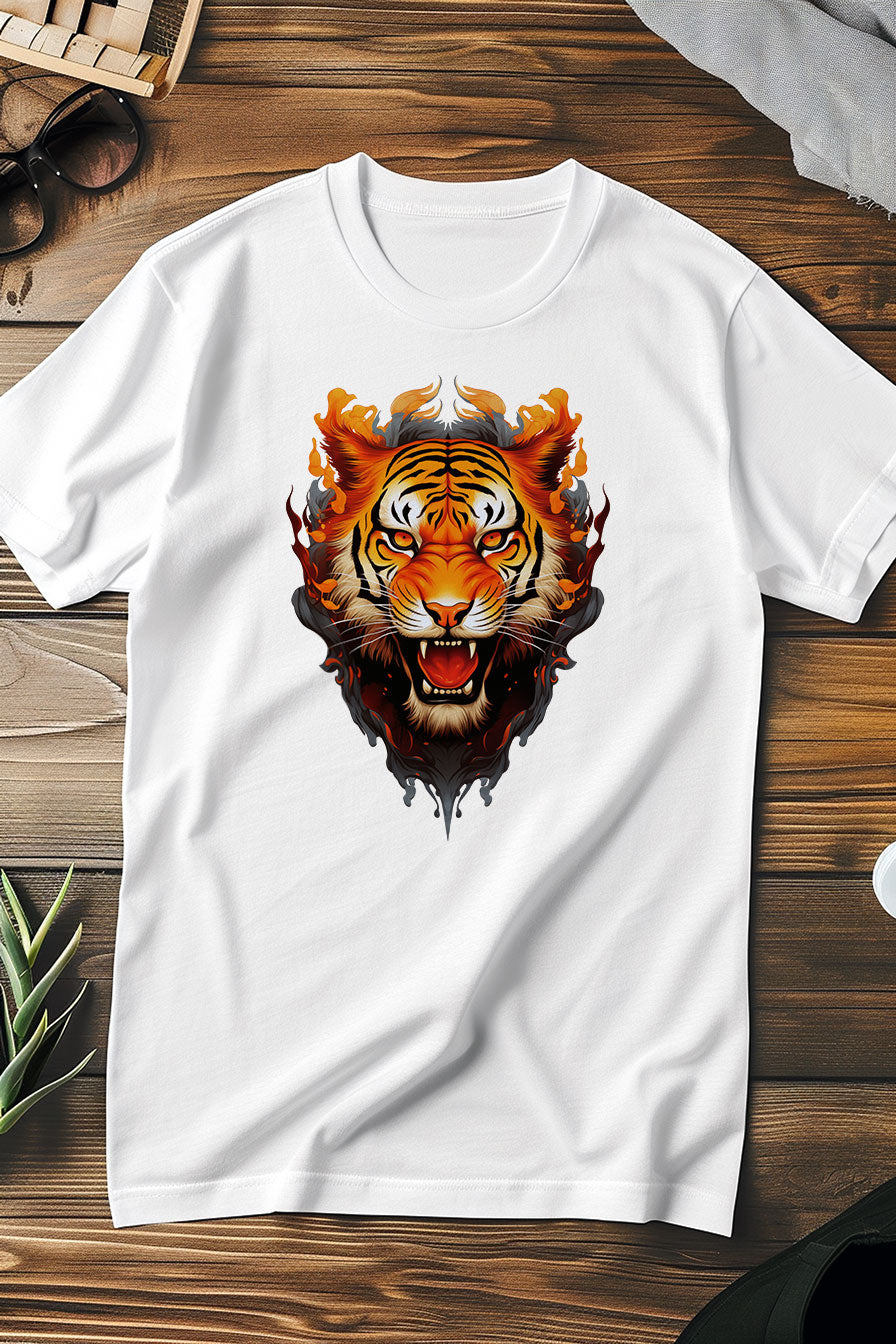 white graphic t-shirt with a print featuring a Tiger