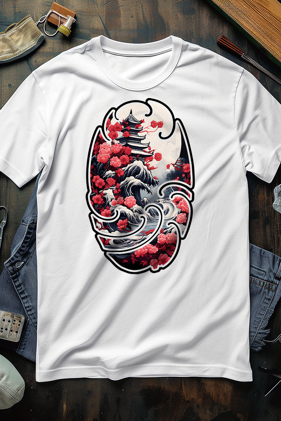 white graphic t-shirt with a print featuring a Pagoda