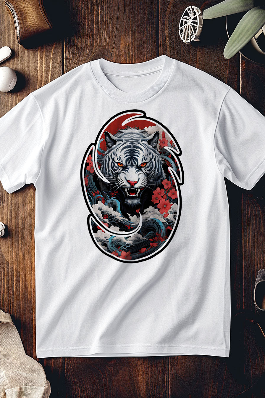 white graphic t-shirt with a print featuring a Tiger