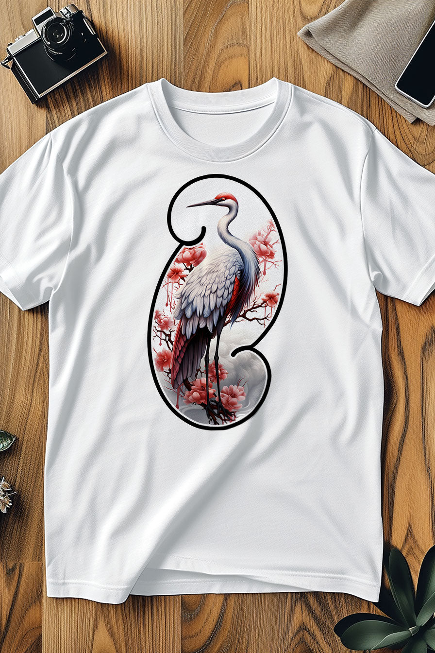 white graphic t-shirt with a print featuring a Crane