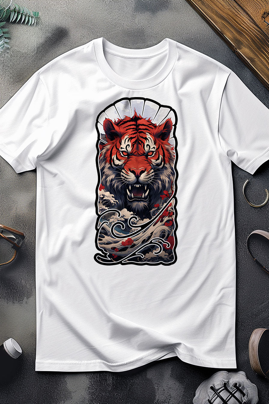Black graphic t-shirt with a print featuring a Tiger