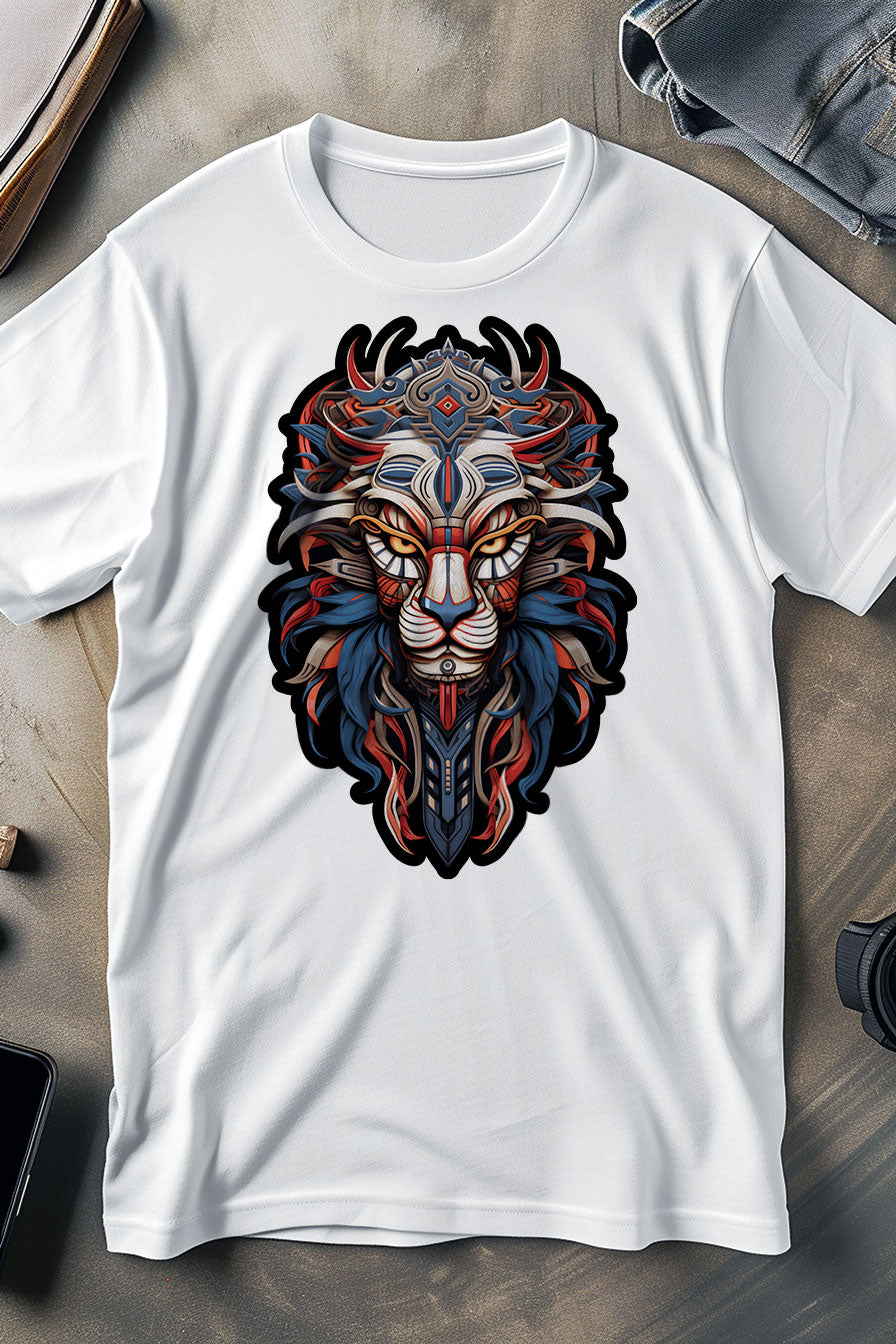 white graphic t-shirt with a print featuring a Lion head