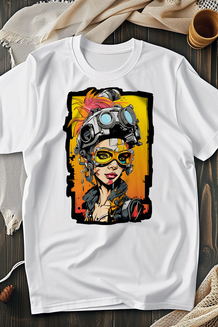 white graphic t-shirt with a print featuring a cyber-punk young woman