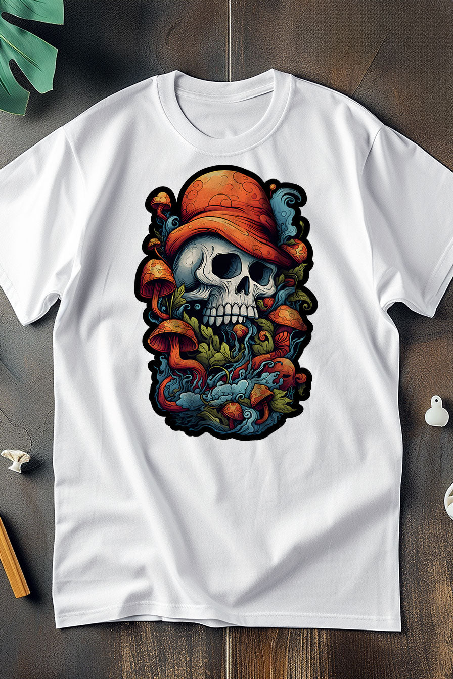 white graphic t-shirt with a print featuring a skull with a hat