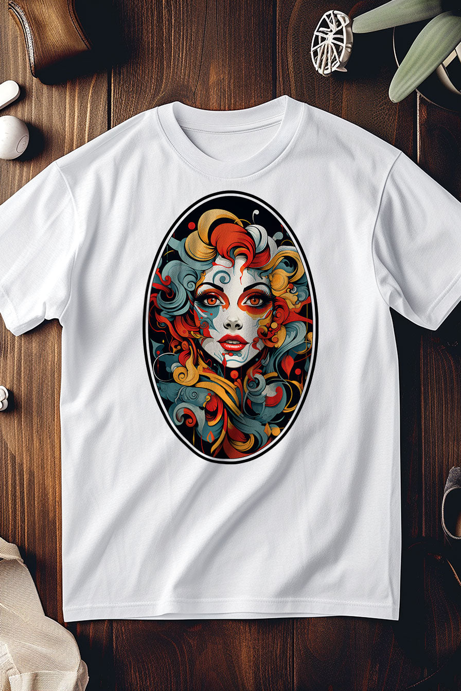white graphic t-shirt with a print featuring a Rococo woman face