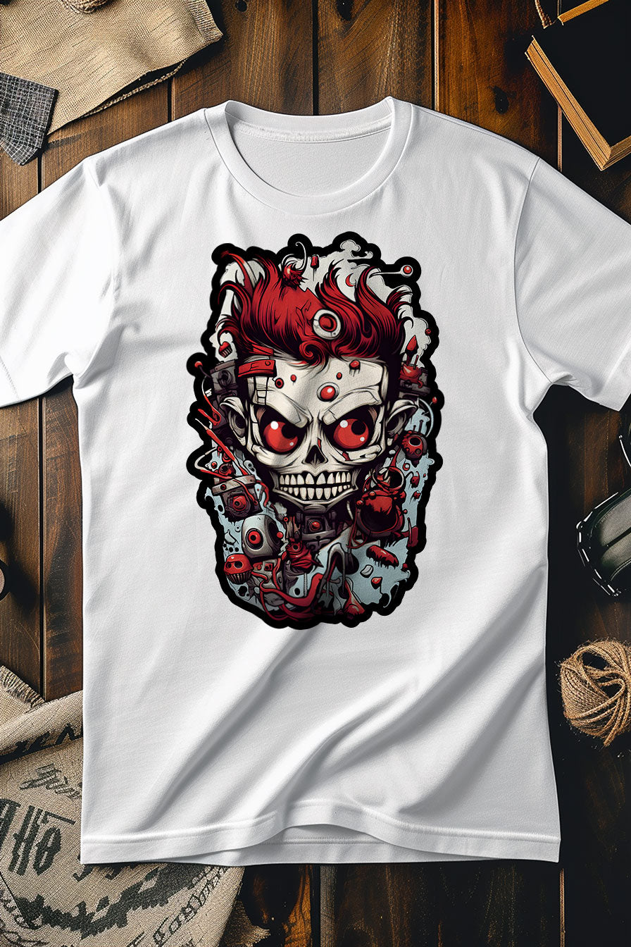white graphic t-shirt with a print featuring a skull