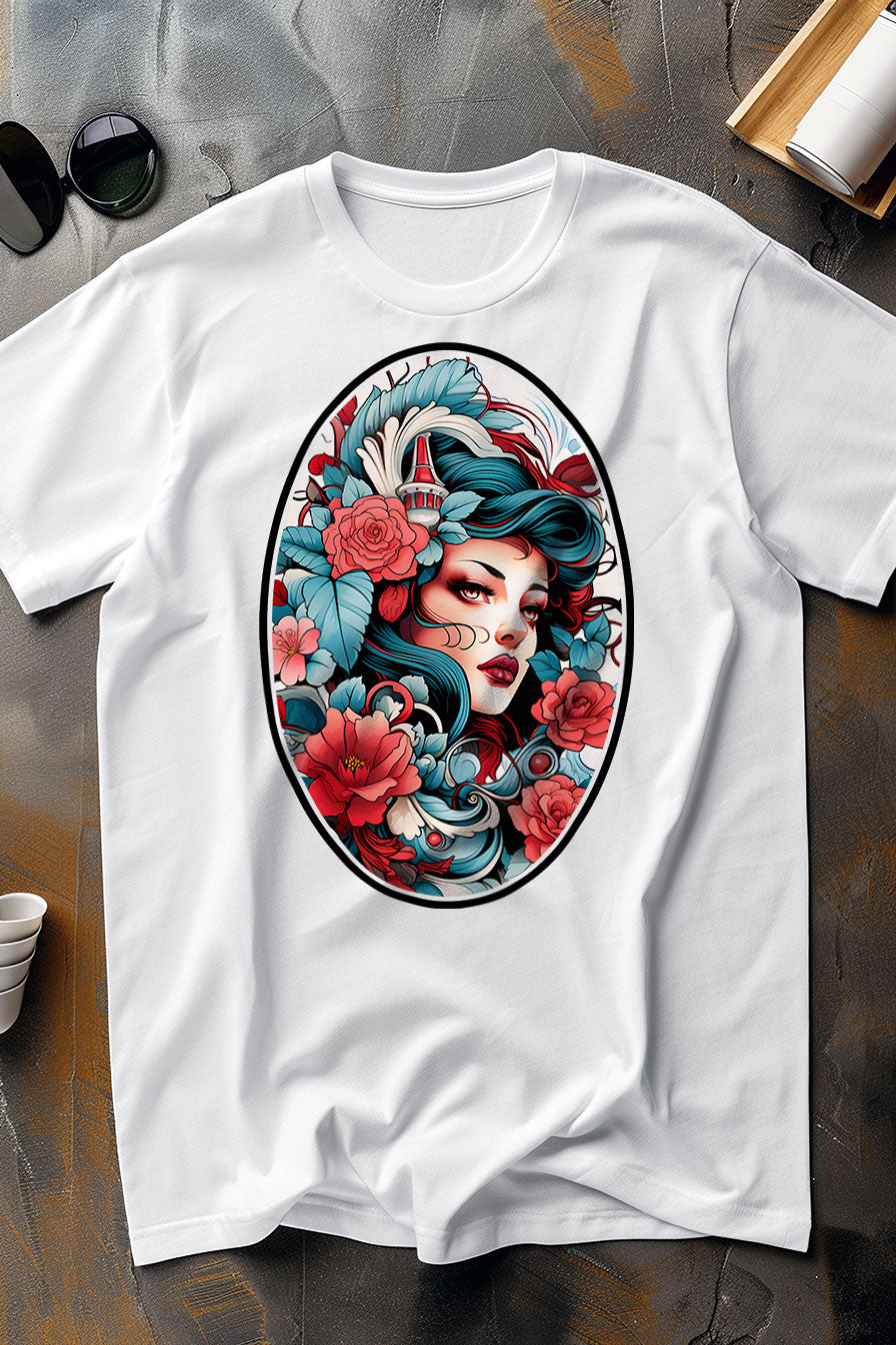 white graphic t-shirt with a print featuring a woman with flowers