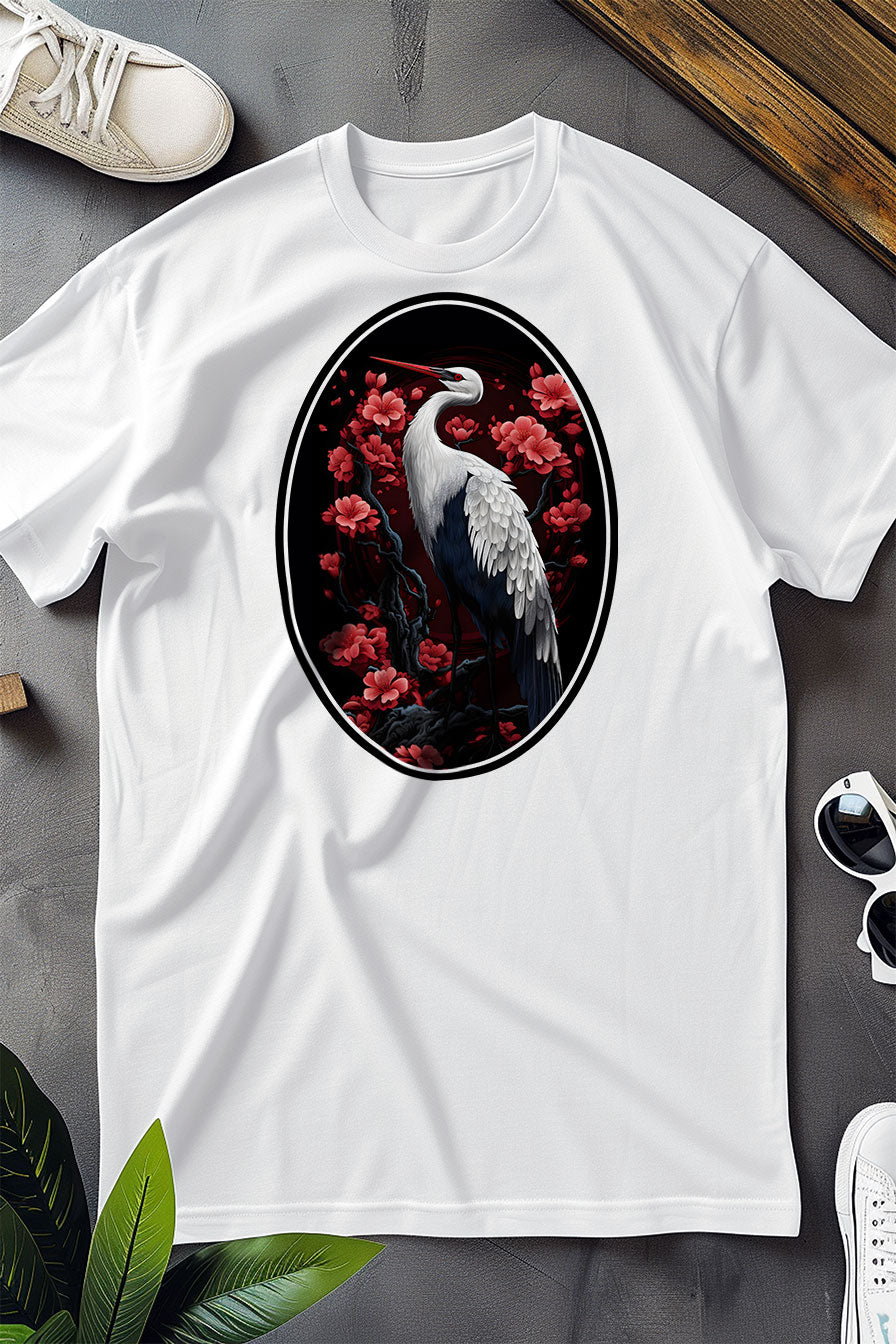 white graphic t-shirt with a print featuring a Crane with cherry blossom trees