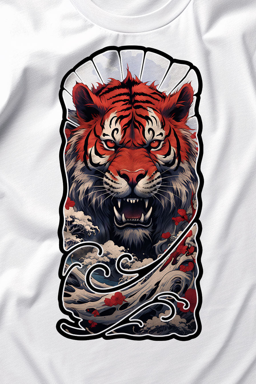 Design of a Tiger on a white graphic t-shirt