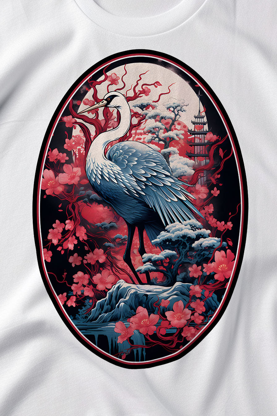 design of a Crane with cherry blossom trees on a white graphic t-shirt