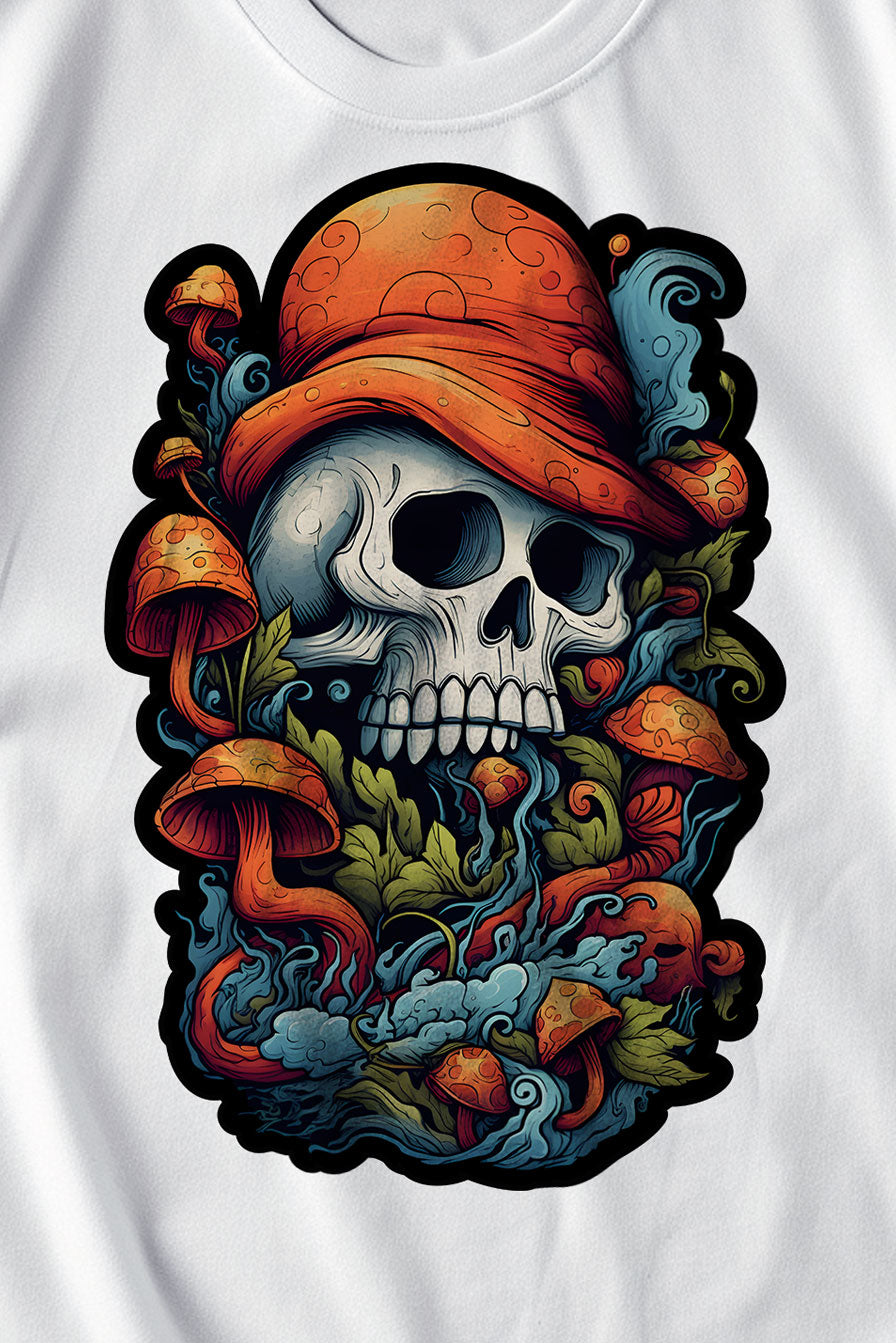 design of a skull with a hat on a white graphic t-shirt