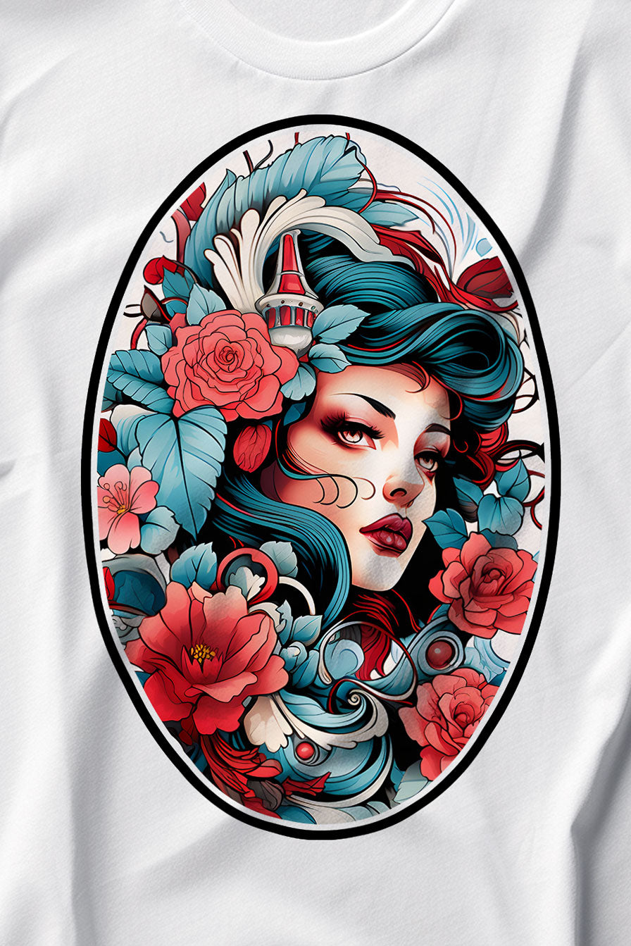 design of a woman with flowers on a white graphic t-shirt