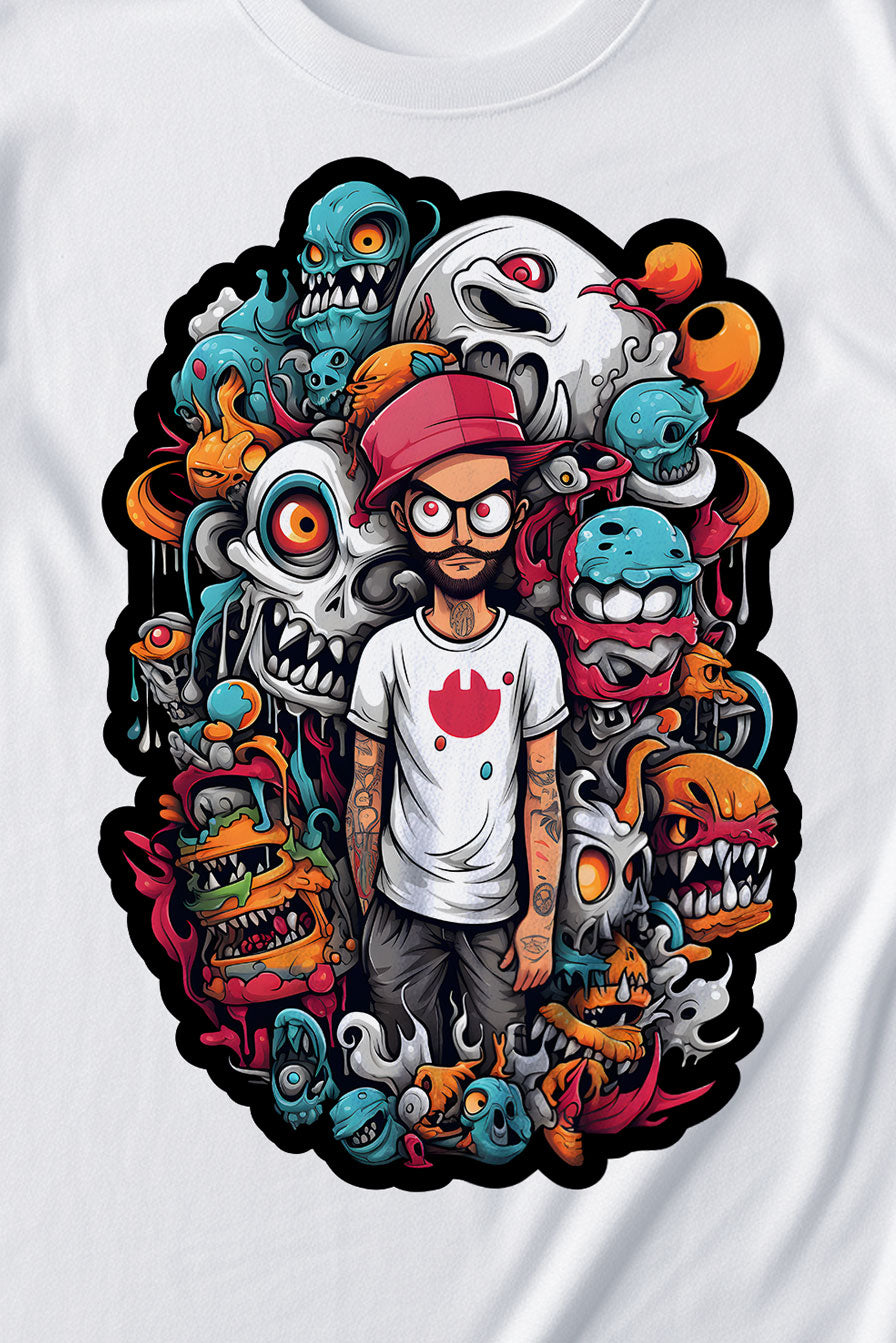 design of a young man with creatures on a white graphic t-shirt