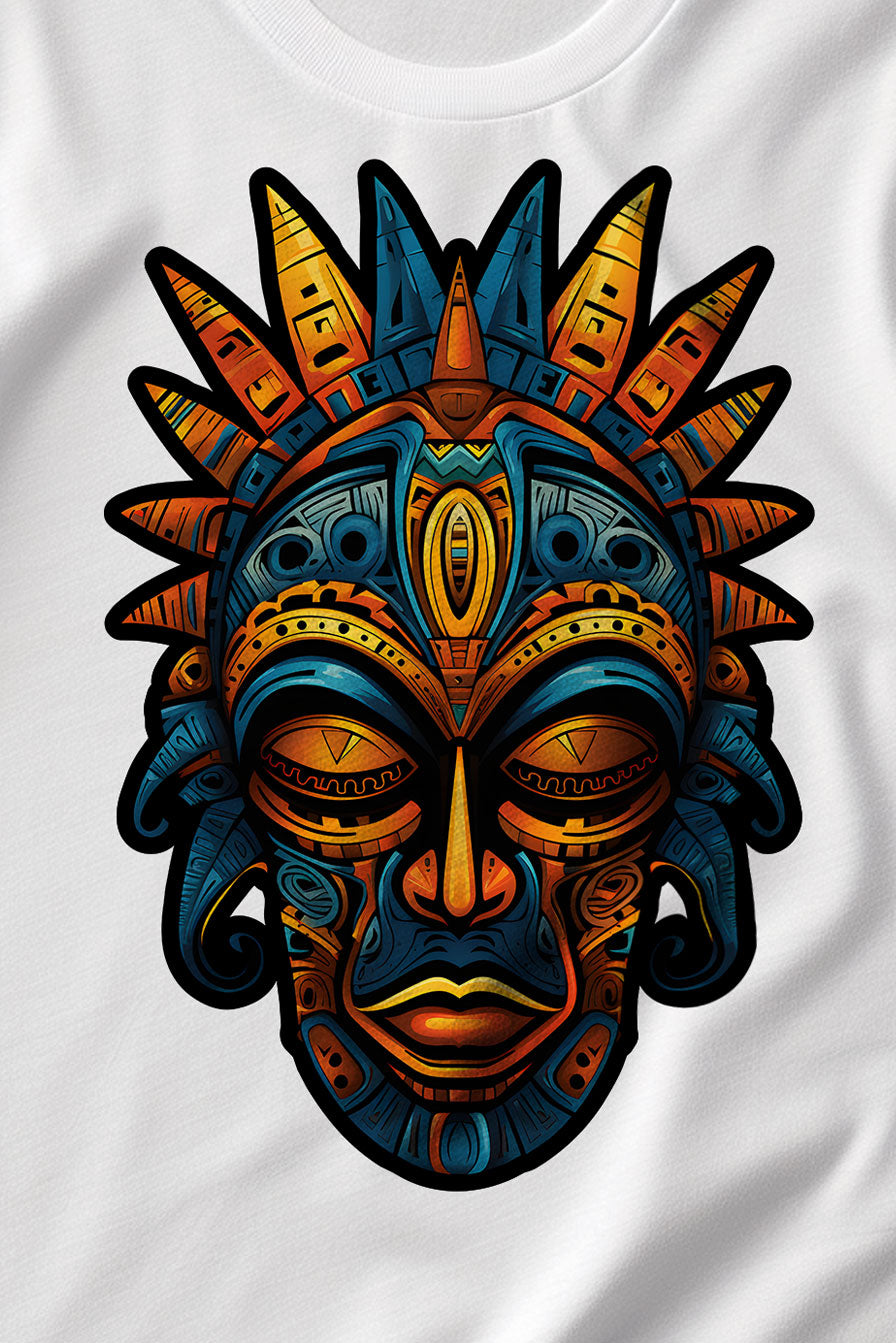 design of an Aztec mask on a white graphic t-shirt