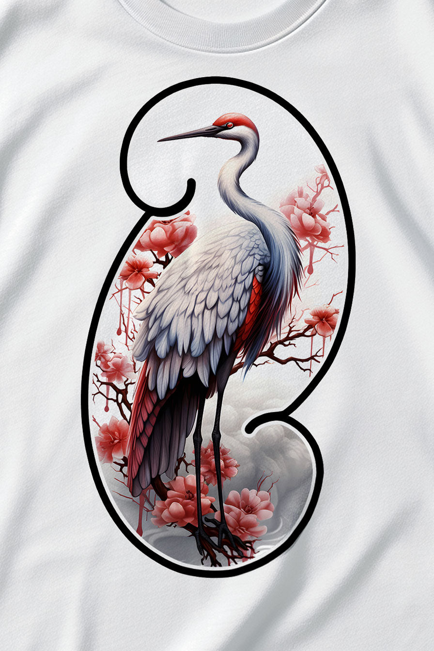 design of a Crane on a white graphic t-shirt