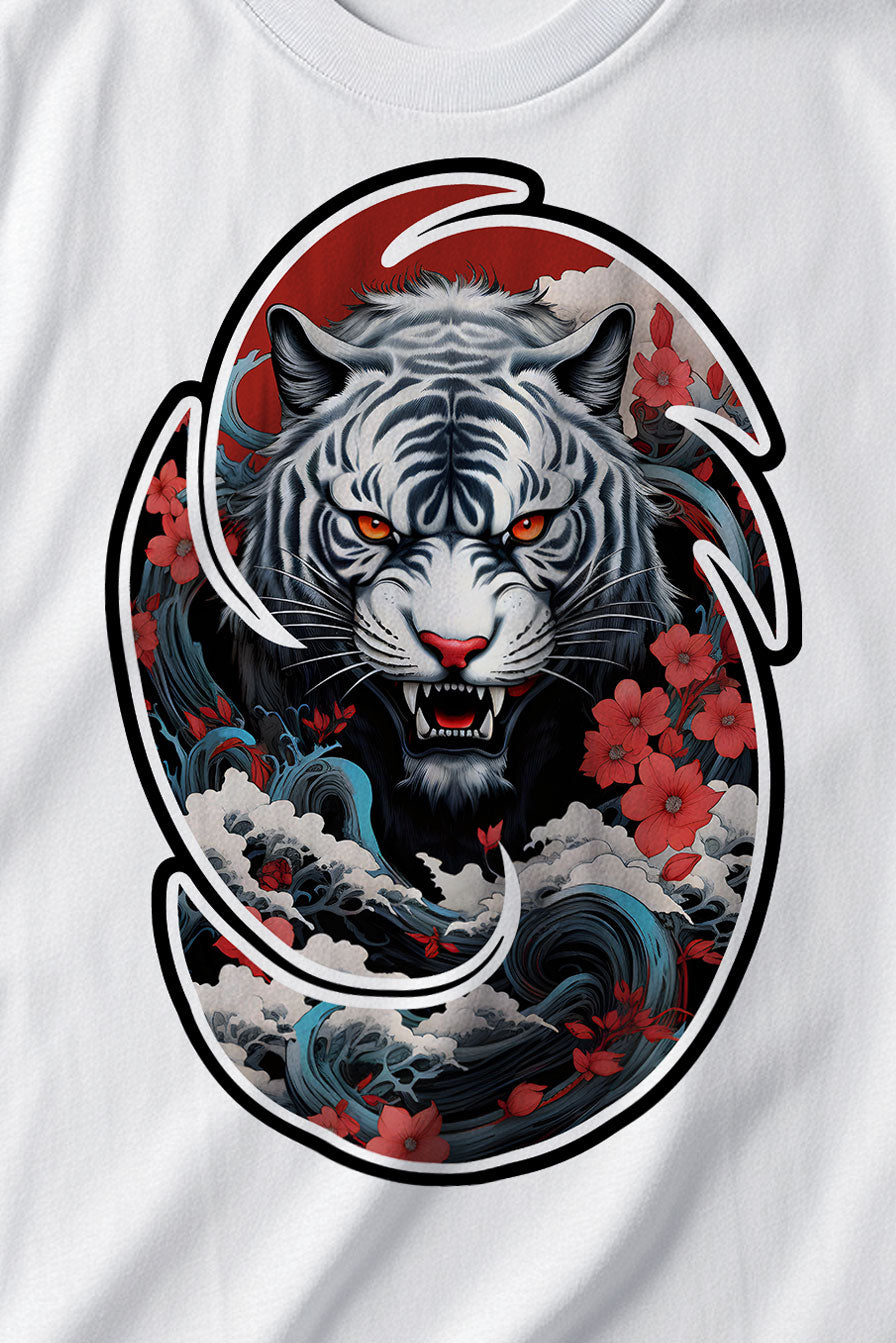 design of a Tiger on a white graphic t-shirt