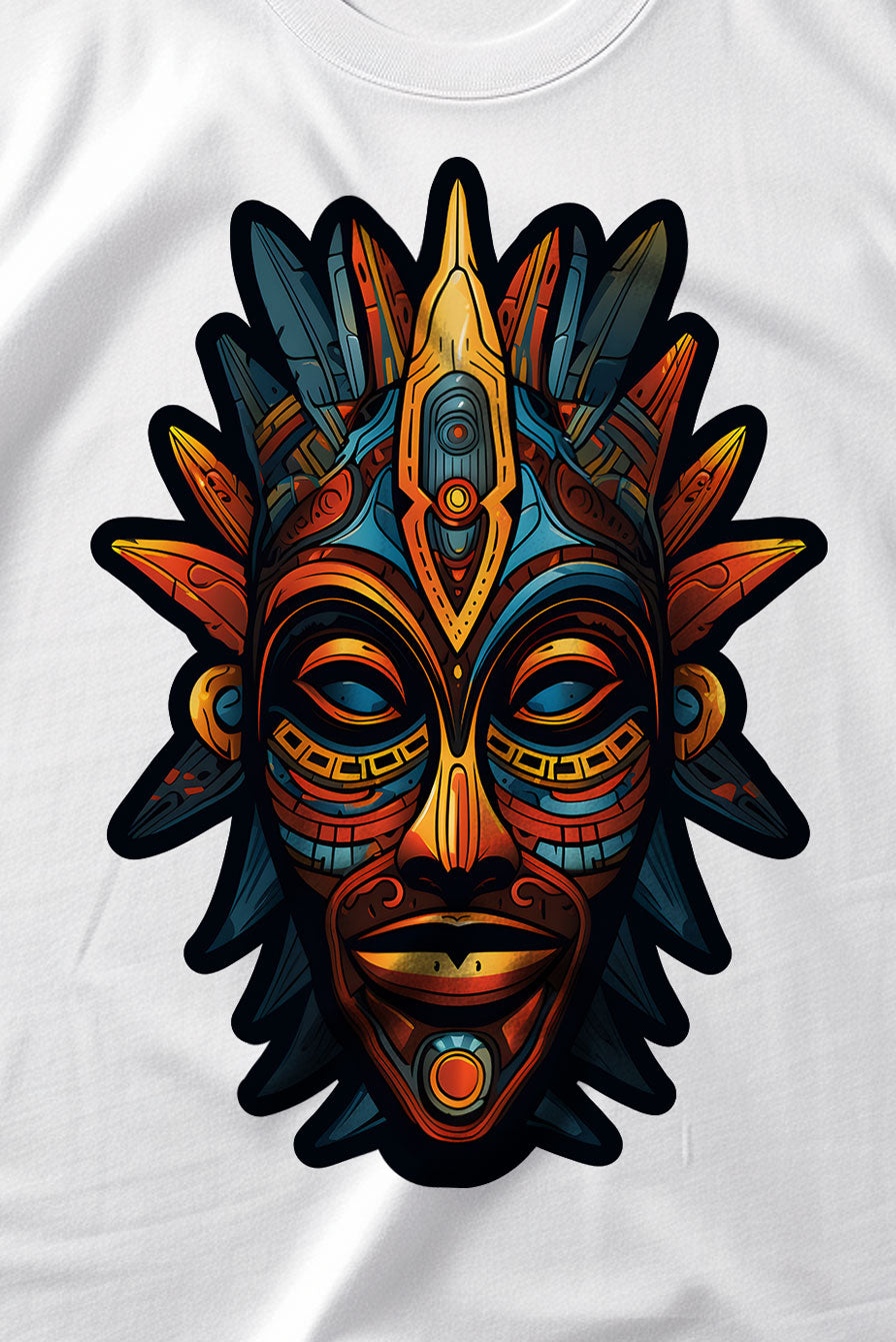 design of an Aztec mask on a white graphic t-shirt