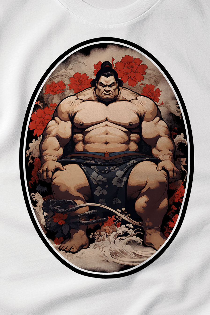 design of a Sumo fighter on a white graphic t-shirt