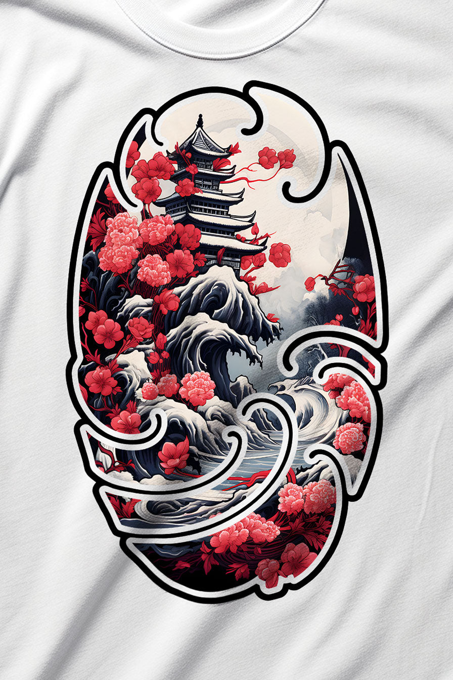 design of a Pagoda on a white graphic t-shirt