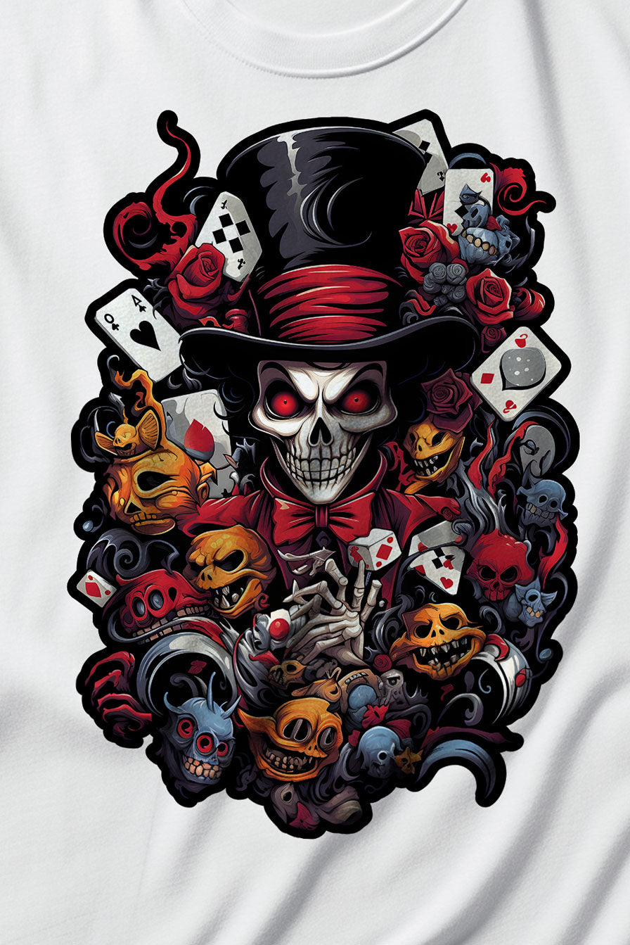 design of a skull with a hat on a white graphic t-shirt