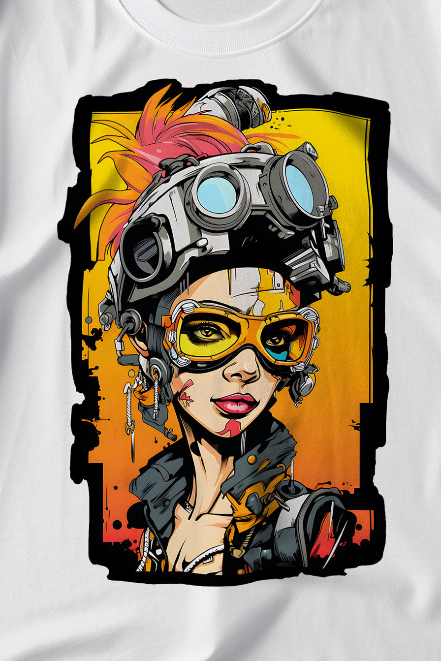 design of a cyber-punk young woman on a white graphic t-shirt