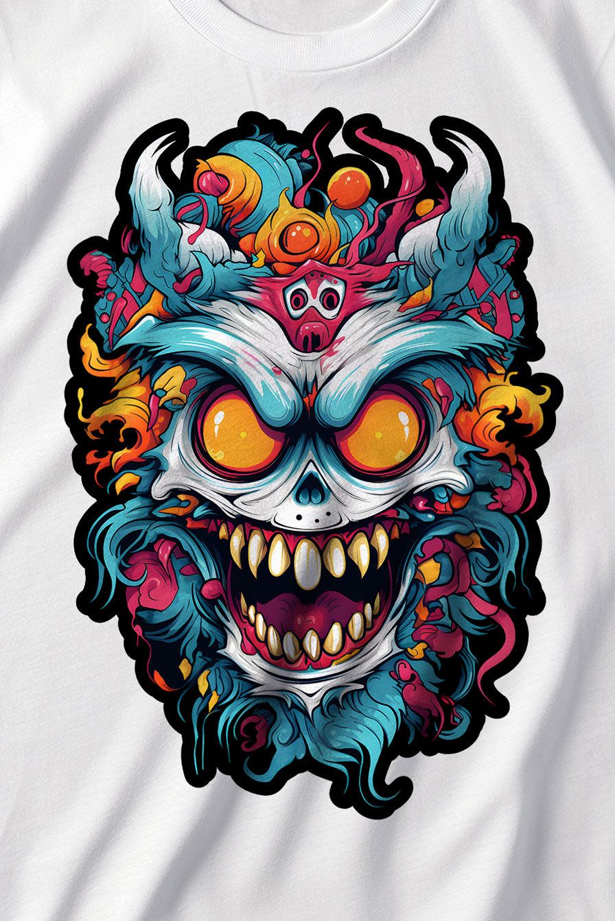 design of a colorful creature on a white graphic t-shirt