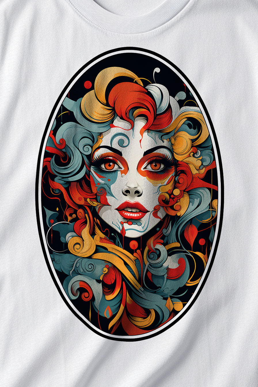 design of a Rococo woman on a white graphic t-shirt