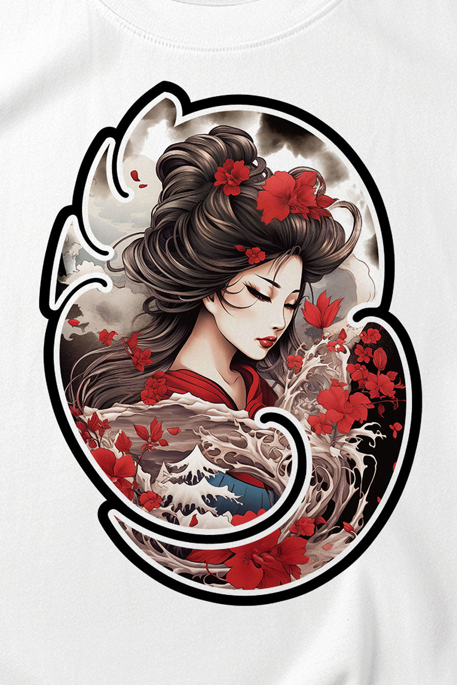 design of a Geisha on a white graphic t-shirt