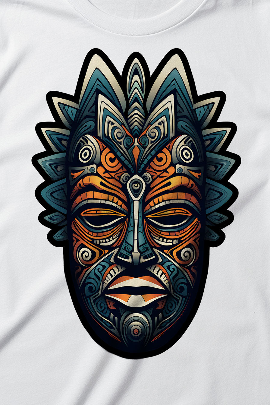 design of an African mask on a white graphic t-shirt