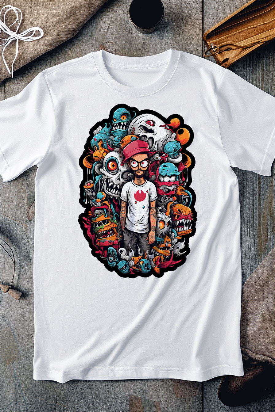 white graphic t-shirt with a print featuring a young man with creatures