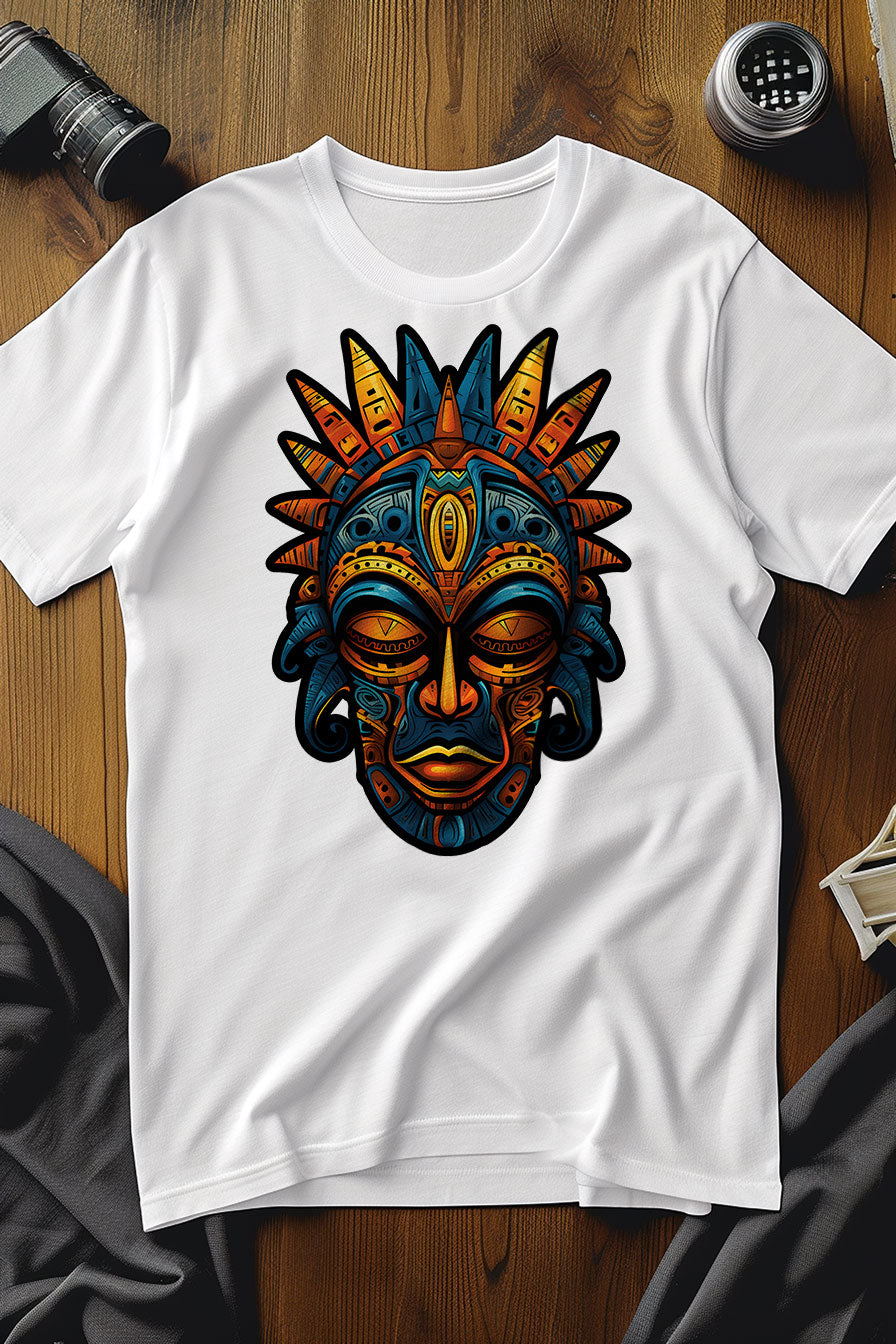 white graphic t-shirt with a print featuring an Aztec mask