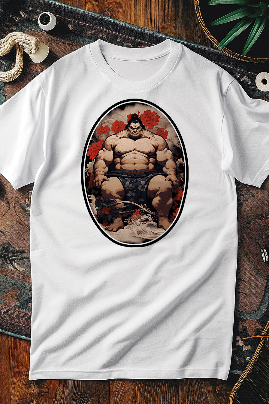 white graphic t-shirt with a print featuring a Sumo fighter
