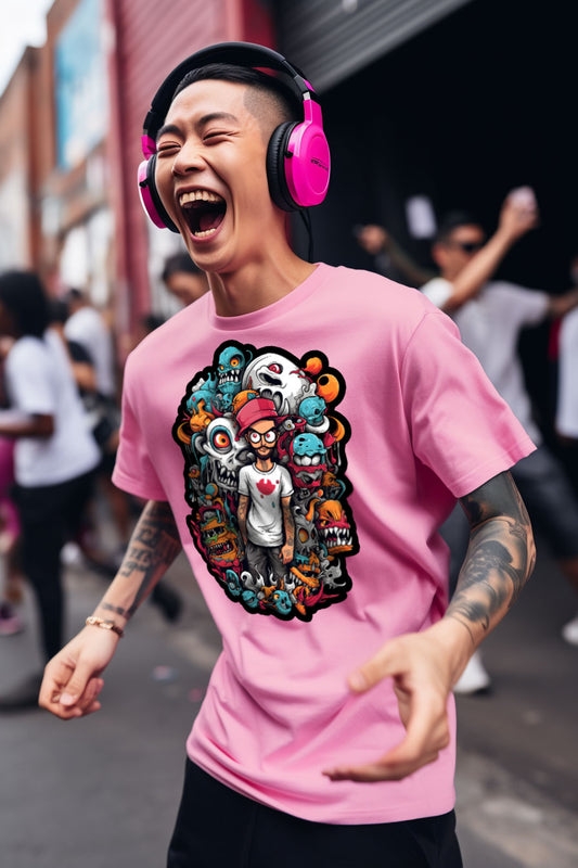 young tattooed man wearing an Azalea-pink graphic t-shirt featuring a young man with creatures print