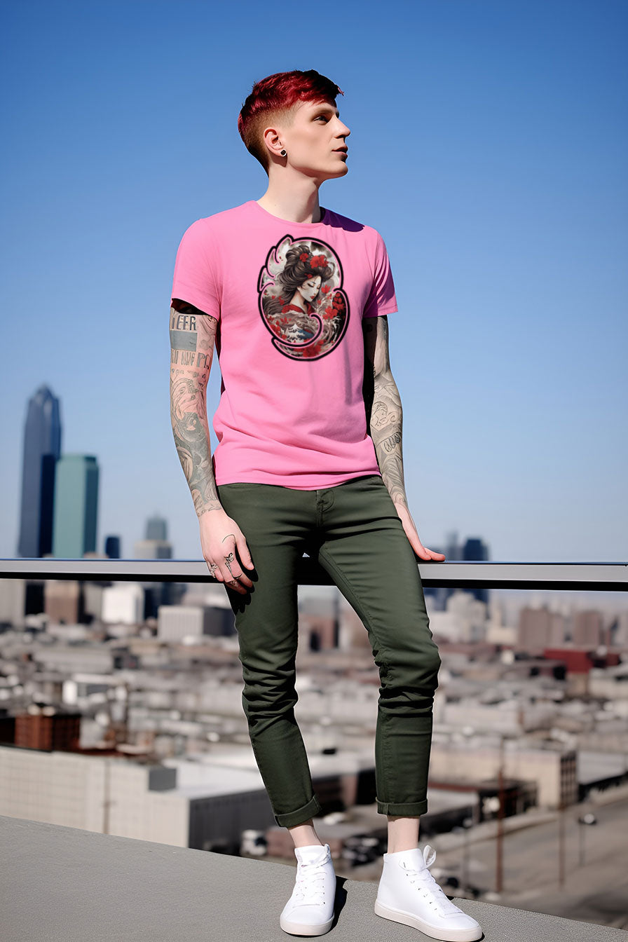 young tattooed man wearing an Azalea-pink graphic t-shirt featuring a Geisha print