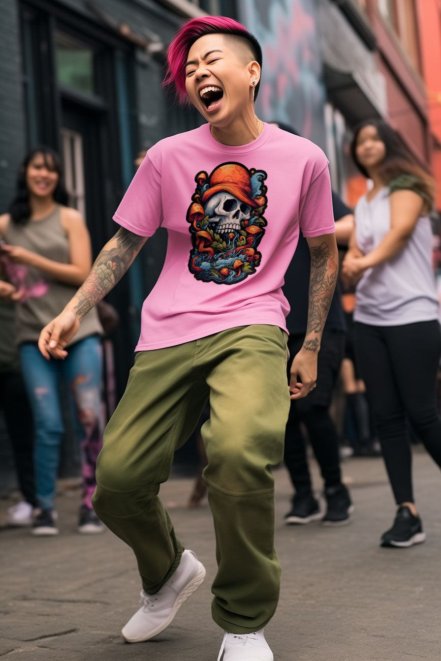 young tattooed woman wearing a Azalea-pink graphic t-shirt featuring a skull with a hat print