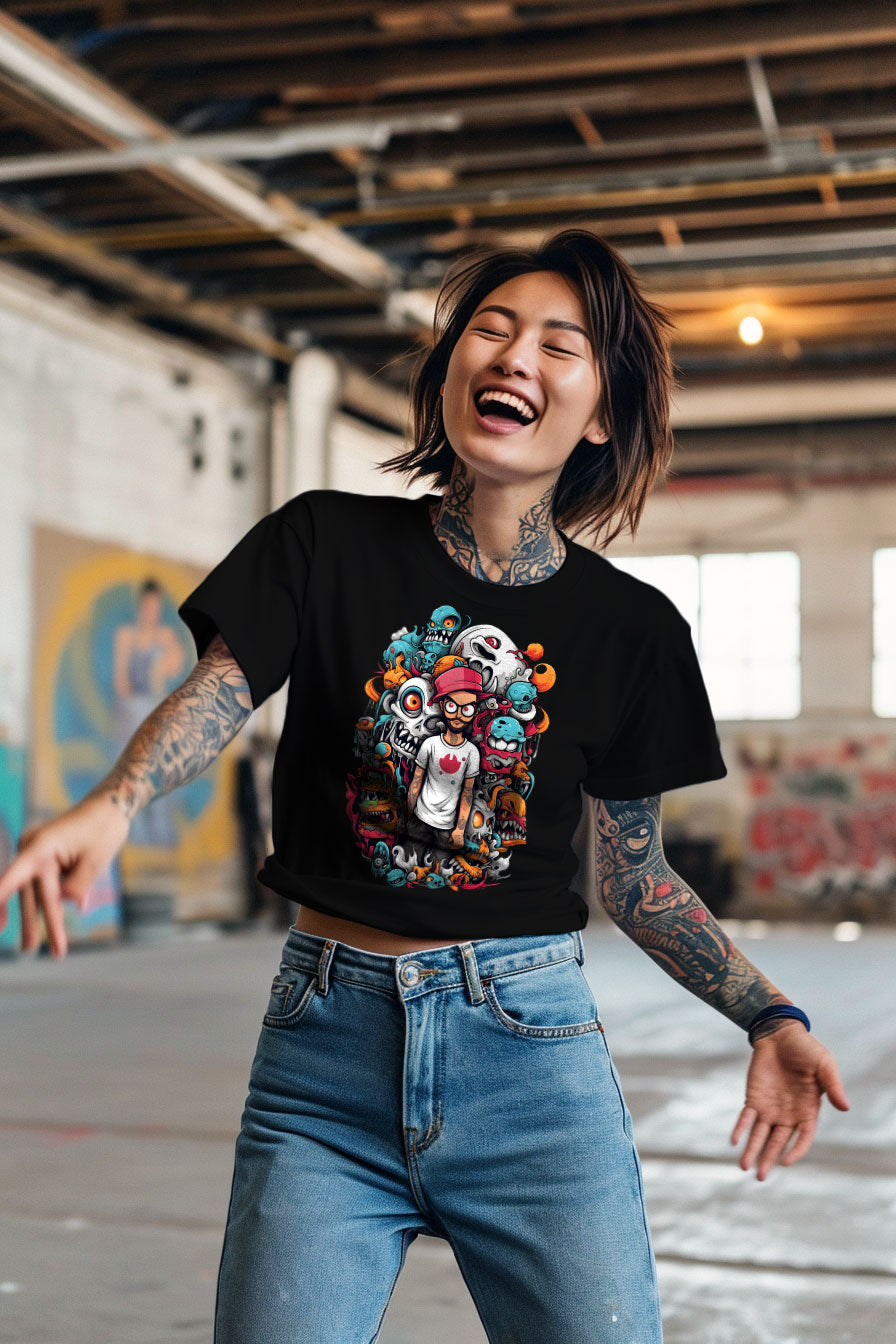 young tattooed woman wearing a black graphic t-shirt featuring a young man with creatures print