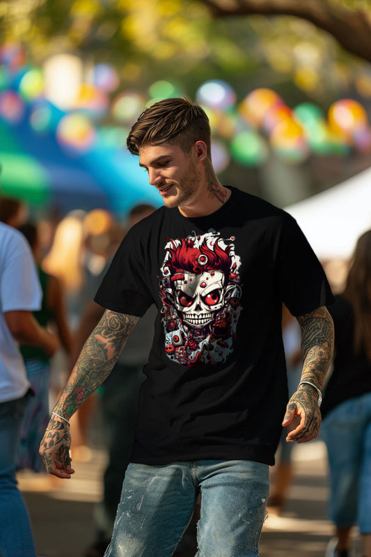 young tattooed man wearing a black graphic t-shirt featuring a skull print