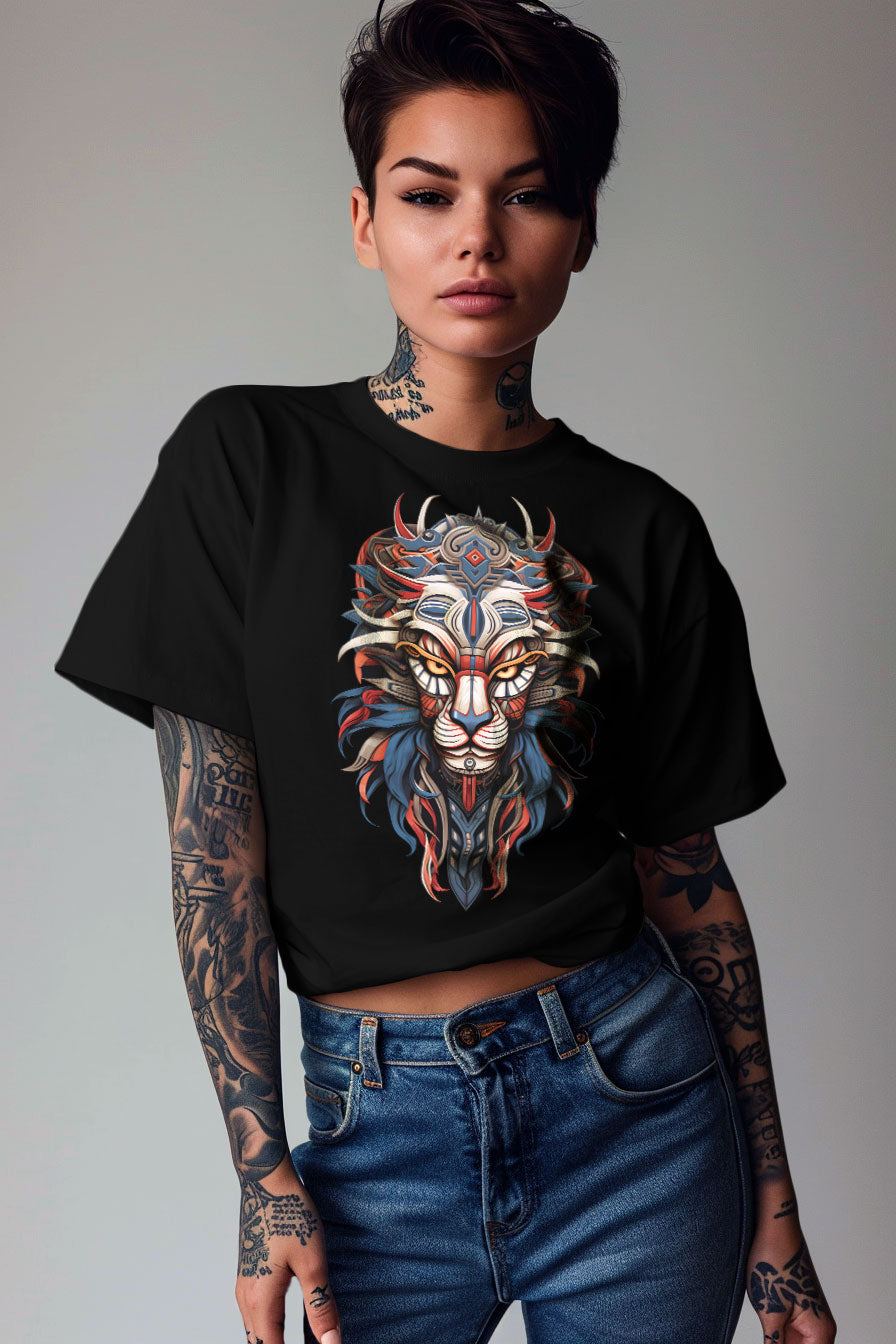 young tattooed woman wearing a black graphic t-shirt featuring a Lion head print