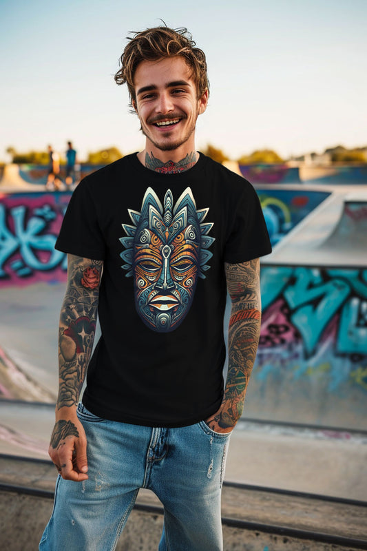 young tattooed man wearing a black graphic t-shirt featuring an African mask print